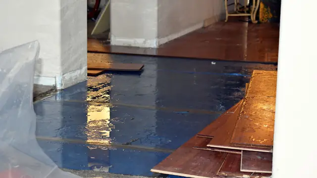 Hardwood boards lifted from a subfloor under plastic sheeting after water damage